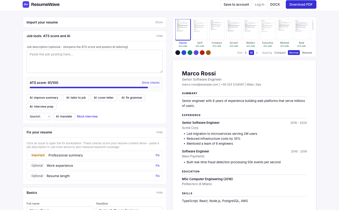 The ResumeWave builder with an imported resume parsed into the form on the left and a live ATS-scored preview on the right