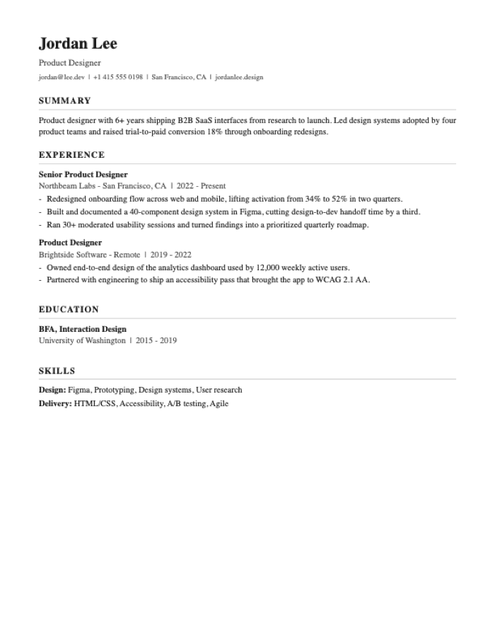 serif resume template preview